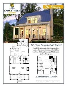 A yellow two-story house with a front porch, blue roof, and outdoor lights, this inviting residence is showcased alongside a custom floor plan featuring 3 bedrooms, 2.5 baths, spacious dining and living rooms, and covered porch areas—perfectly designed by experienced custom home builders for comfortable modern living.