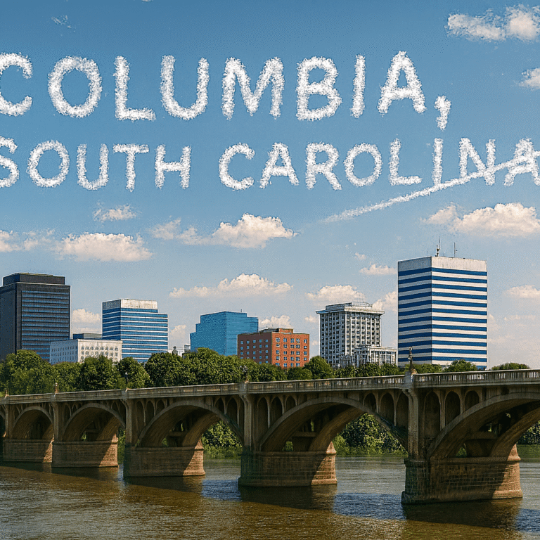 A city skyline with a bridge over a river; Columbia, South Carolina is written in the sky with airplane skywriting above the buildings, showcasing the vibrant growth of new construction home projects led by Midlands contractors.