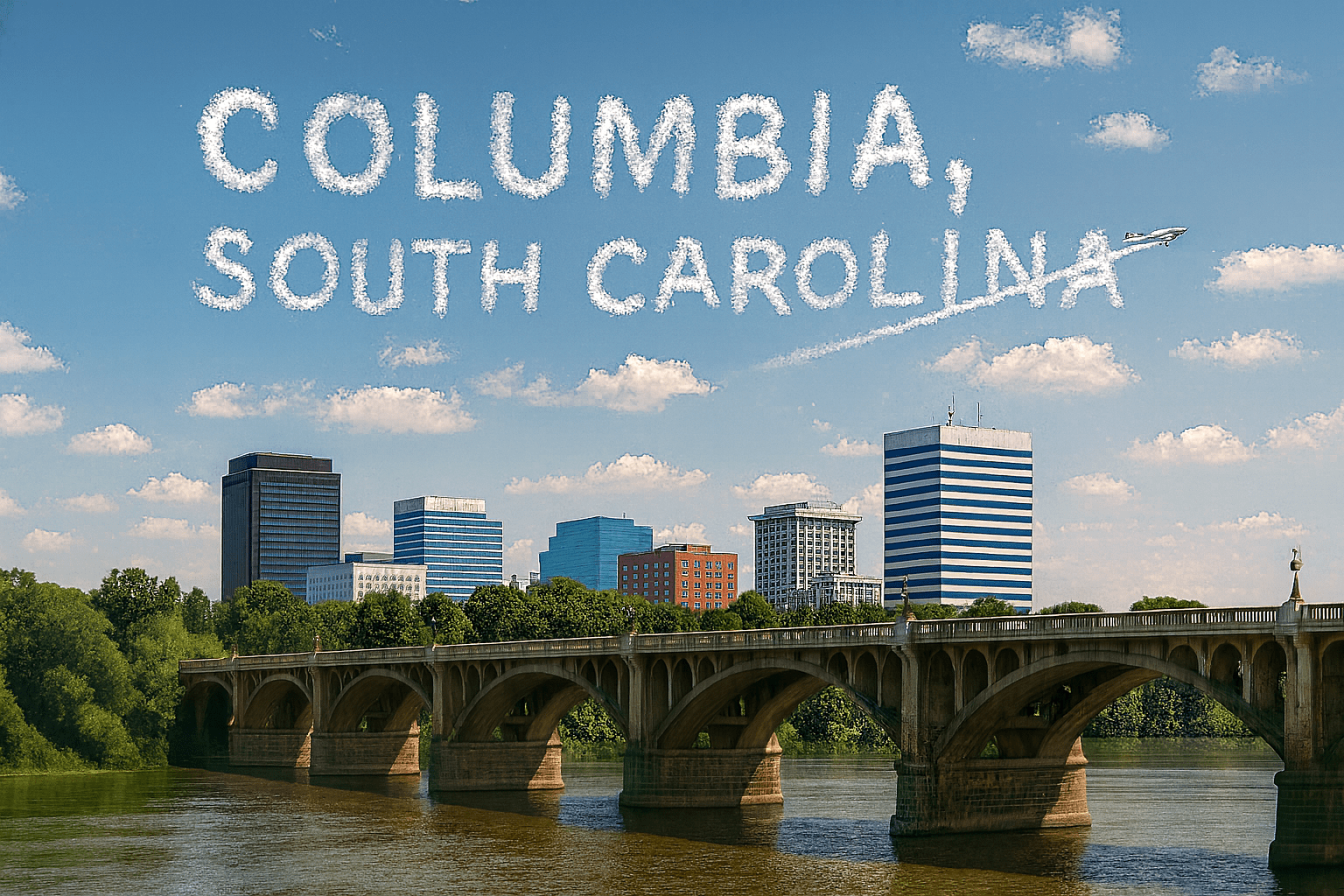 A city skyline with a bridge over a river; Columbia, South Carolina is written in the sky with airplane skywriting above the buildings, showcasing the vibrant growth of new construction home projects led by Midlands contractors.