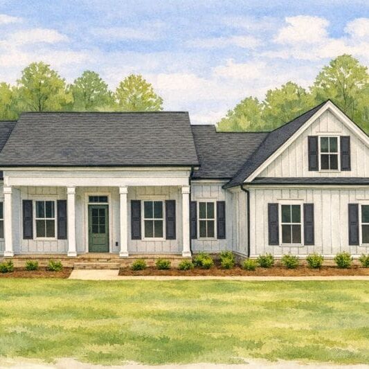 LSB Ridgeway A single-story modern farmhouse with white siding, black shutters, a front porch with columns, and manicured landscaping—crafted by expert custom home builders—set against a backdrop of tall trees and a blue sky. This inviting new construction home perfectly blends timeless charm with contemporary comfort.