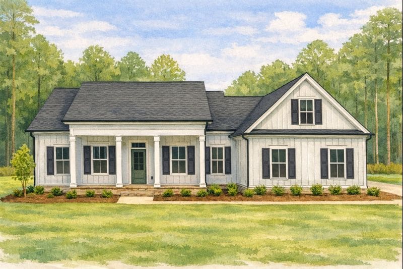 LSB Ridgeway A single-story modern farmhouse with white siding, black shutters, a front porch with columns, and manicured landscaping—crafted by expert custom home builders—set against a backdrop of tall trees and a blue sky. This inviting new construction home perfectly blends timeless charm with contemporary comfort.