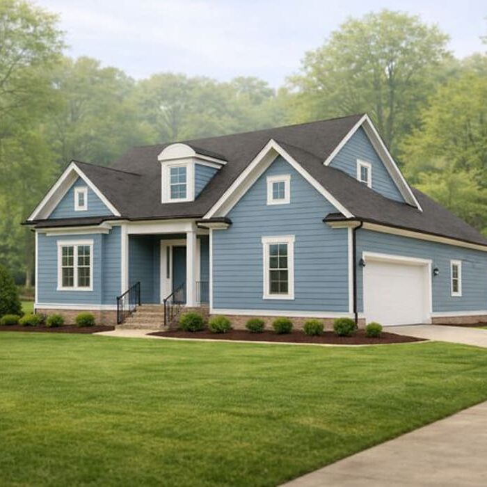 Lady-Street-Builders-Custom-Home A blue, single-family new construction home with white trim and a two-car garage, surrounded by a large green lawn and trees in the background.