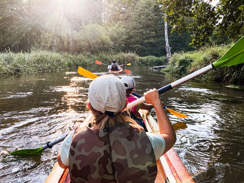 Rivers-Of-Cola-Lady-Street-Builders A group of people kayaking down a calm river surrounded by green trees and grass, with sunlight shining through the foliage—much like exploring new possibilities with custom home builders designing your perfect retreat.
