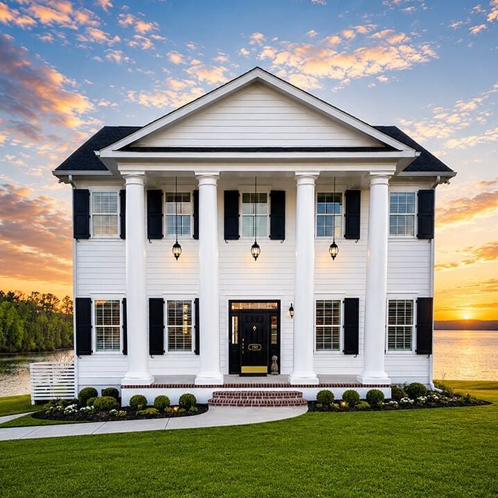 White two-story house with large columns and black shutters, set on a green lawn beside a lake. The sky is vibrant with a colorful sunset—a stunning example of what custom home builders can create when you choose a custom floor plan perfectly tailored to your needs.