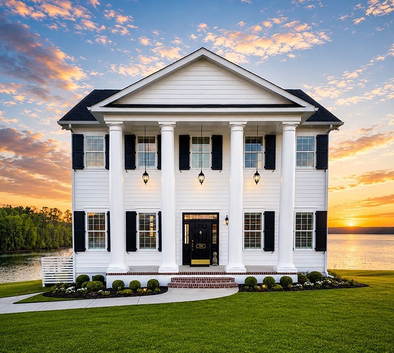 Custom built, white, two-story, colonial style home on a manicured lawn near Lake Murray