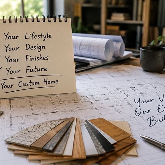 Home-Built-For-You-Lady-Street-Builders A desk with home blueprints, sample materials, a coffee cup, and a notepad listing: Your Lifestyle, Your Design, Your Finishes, Your Future, Your Custom Home. A note reads, Your Vision. Our Expertise. Built for You. Thoughtfully crafted for those seeking a custom floor plan in their new construction home.