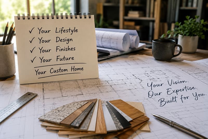 Home-Built-For-You-Lady-Street-Builders A desk with home blueprints, sample materials, a coffee cup, and a notepad listing: Your Lifestyle, Your Design, Your Finishes, Your Future, Your Custom Home. A note reads, Your Vision. Our Expertise. Built for You. Thoughtfully crafted for those seeking a custom floor plan in their new construction home.