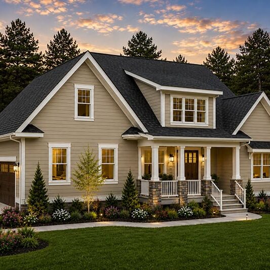 A stunning two-story beige new construction home with a dark roof, white trim, and a welcoming front porch, surrounded by lush landscaping and trees at sunset. This beautifully designed property by Midlands contractors boasts a well-manicured lawn and driveway, offering exceptional curb appeal in every detail.