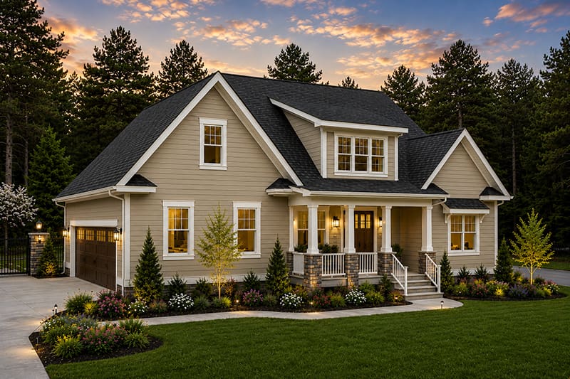 Build-vs-Buy-a-Home A stunning two-story beige new construction home with a dark roof, white trim, and a welcoming front porch, surrounded by lush landscaping and trees at sunset. This beautifully designed property by Midlands contractors boasts a well-manicured lawn and driveway, offering exceptional curb appeal in every detail.