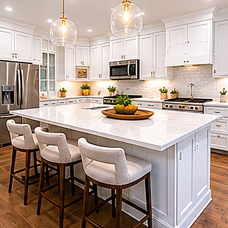 Modern kitchen with white cabinets, stainless steel appliances, a large marble island with four cushioned stools, pendant lights, wooden floors, and potted plants on countertops for decoration—an inviting space showcasing the attention to detail you can expect from midlands contractors in new construction homes.