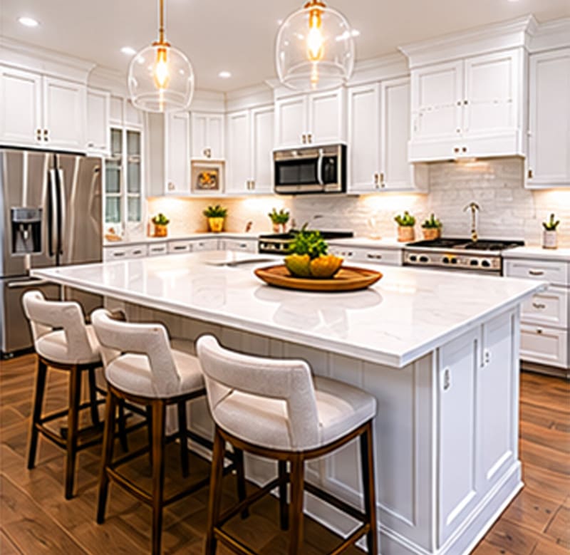 Questions-You-Should-Ask-Before-Hiring-a-Builder Modern kitchen with white cabinets, stainless steel appliances, a large marble island with four cushioned stools, pendant lights, wooden floors, and potted plants on countertops for decoration—an inviting space showcasing the attention to detail you can expect from midlands contractors in new construction homes.
