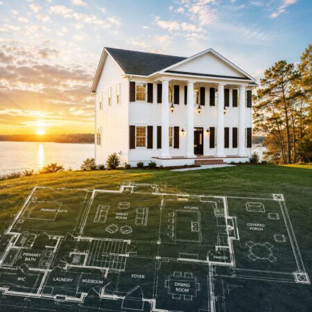A house sits on a grassy lawn, with a blueprint displayed, highlighting the design and structure of the home.