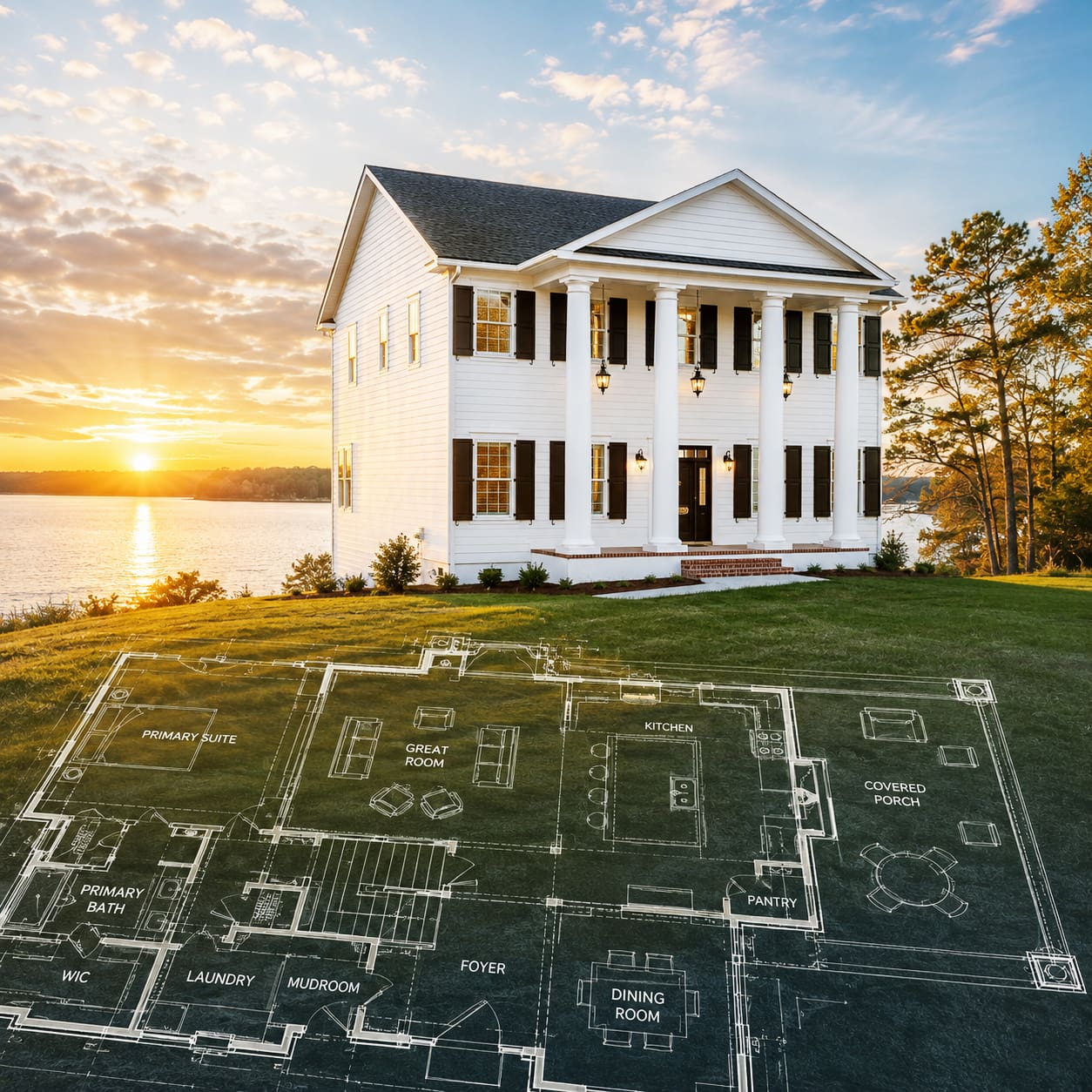 Custom-Build-Creating-The-Floorplan A two-story white new construction home with columns stands by a lake at sunset. Overlaid in the grass is a blueprint floor plan created by Midlands contractors, showing labeled rooms like great room, kitchen, and primary suite.