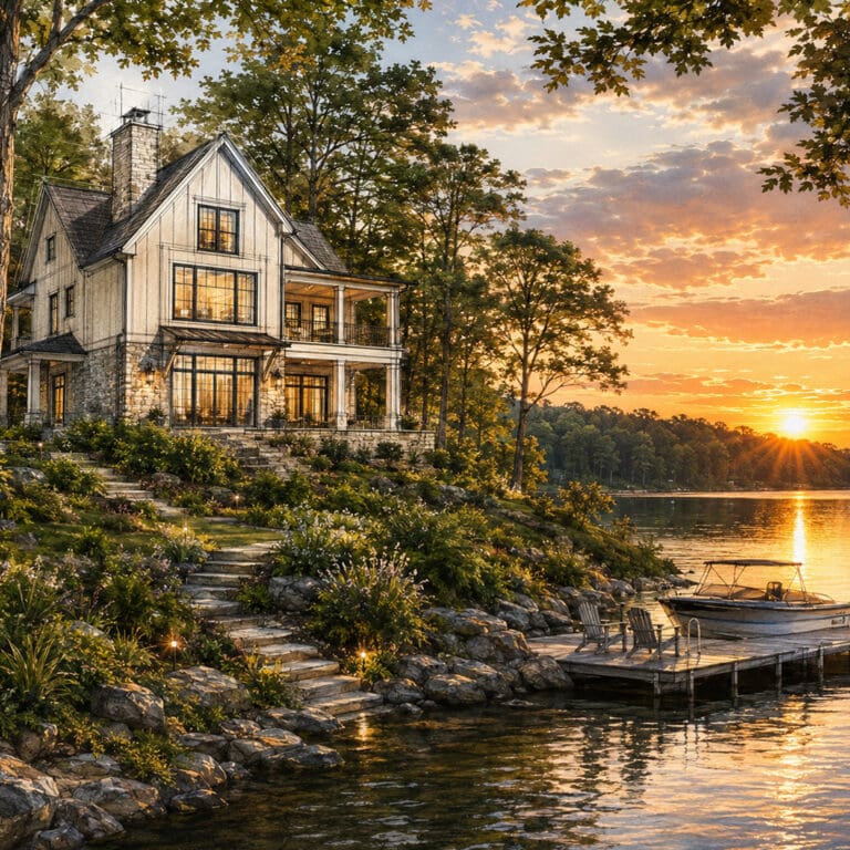 From Homesite to Home – what happens after you have the lot A cozy lakeside house with a custom floor plan and large windows sits among lush greenery at sunset, overlooking a calm lake. A wooden dock with chairs and a small boat extends into the water, reflecting the golden sky.