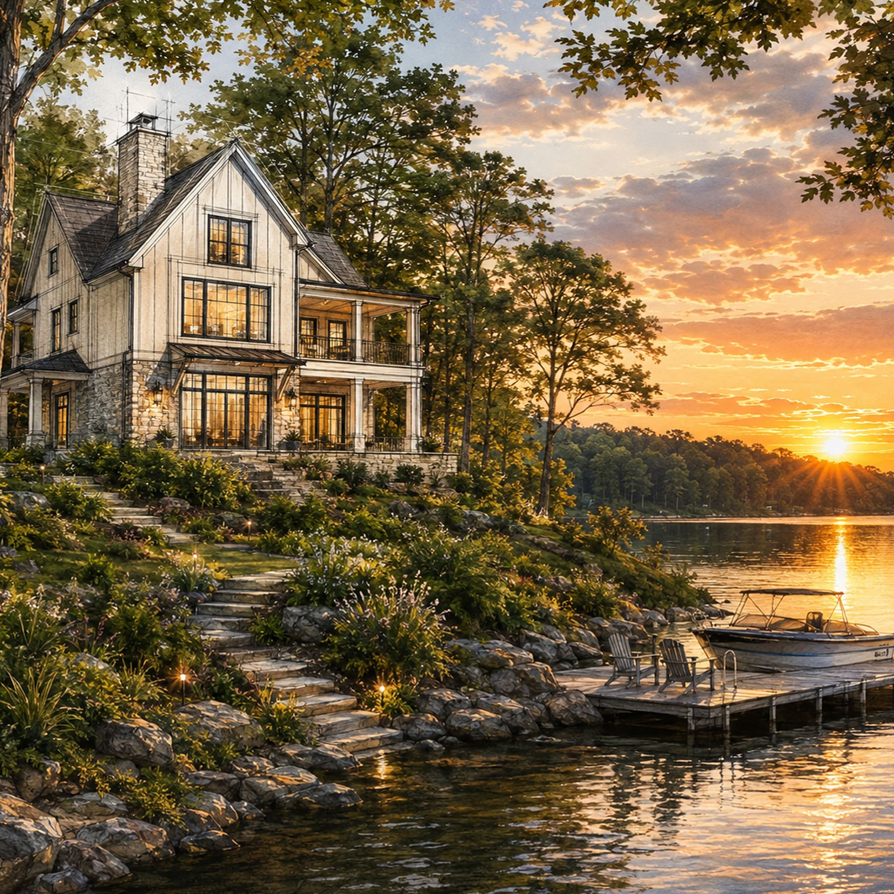 From Homesite to Home – what happens after you have the lot A cozy lakeside house with a custom floor plan and large windows sits among lush greenery at sunset, overlooking a calm lake. A wooden dock with chairs and a small boat extends into the water, reflecting the golden sky.