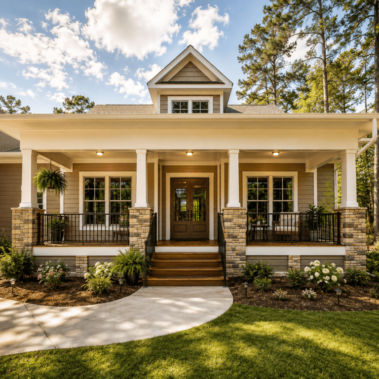 The-Custom-Home-Advantage – Lady Street Builders A charming house with a wide front porch, white columns, stone accents, and a wooden door—crafted by skilled Midlands contractors—sits surrounded by lush lawns, vibrant plants, and tall trees under a blue sky with scattered clouds. This inviting property reflects the quality and expertise of custom home builders dedicated to creating beautiful new homes in the heart of the Midlands.