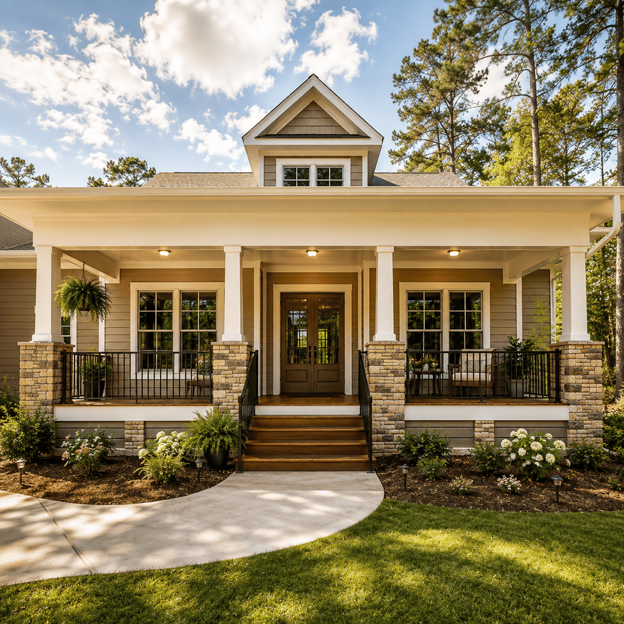 The-Custom-Home-Advantage – Lady Street Builders A charming house with a wide front porch, white columns, stone accents, and a wooden door—crafted by skilled Midlands contractors—sits surrounded by lush lawns, vibrant plants, and tall trees under a blue sky with scattered clouds. This inviting property reflects the quality and expertise of custom home builders dedicated to creating beautiful new homes in the heart of the Midlands.
